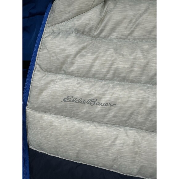 Eddie Bauer Boy's White And Navy Full Zip Hooded Puffer Coat Size M 10/12 Down j - Picture 4 of 13